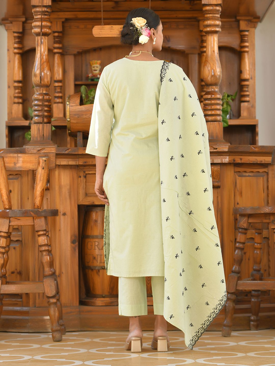 Vaasva Women's Cotton Solid Pista Embroidered Suit Set | Grocsy