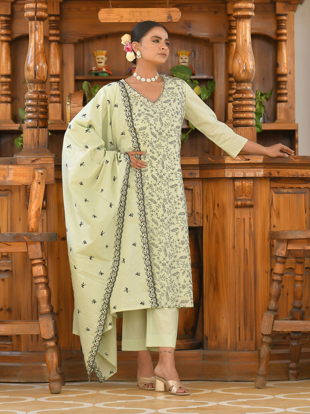 Vaasva Women's Cotton Solid Pista Embroidered Suit Set | Grocsy