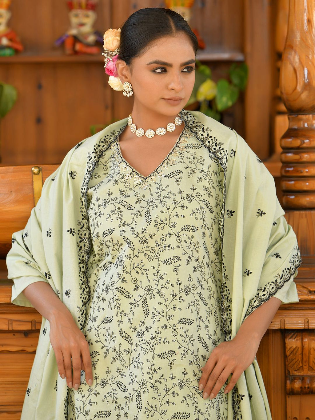 Vaasva Women's Cotton Solid Pista Embroidered Suit Set | Grocsy