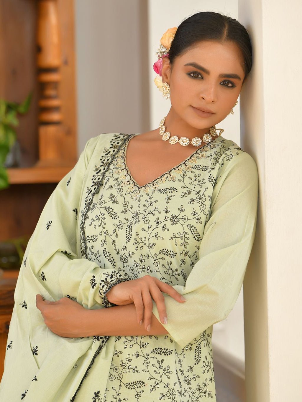 Vaasva Women's Cotton Solid Pista Embroidered Suit Set | Grocsy