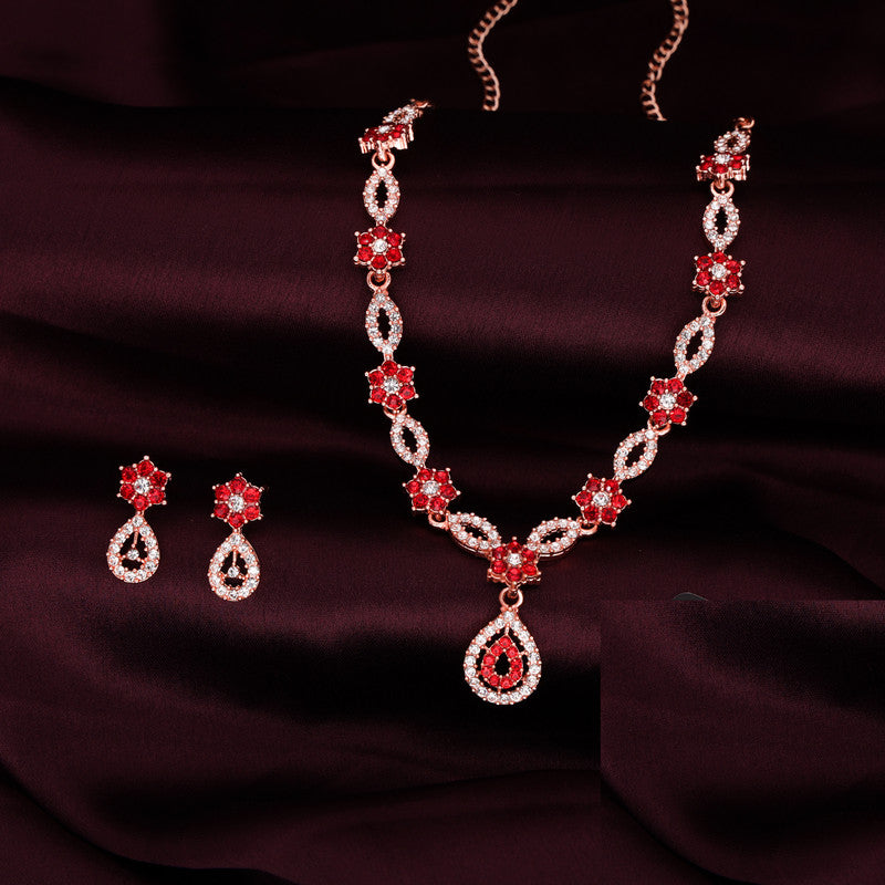 Tehzeeb Creations Elegant Red Polished American Diamond (Ad) Studded Necklace And Earring Set For Women | Grocsy