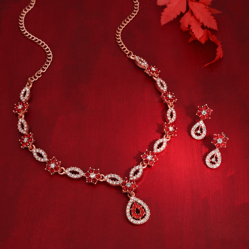 Tehzeeb Creations Elegant Red Polished American Diamond (Ad) Studded Necklace And Earring Set For Women | Grocsy