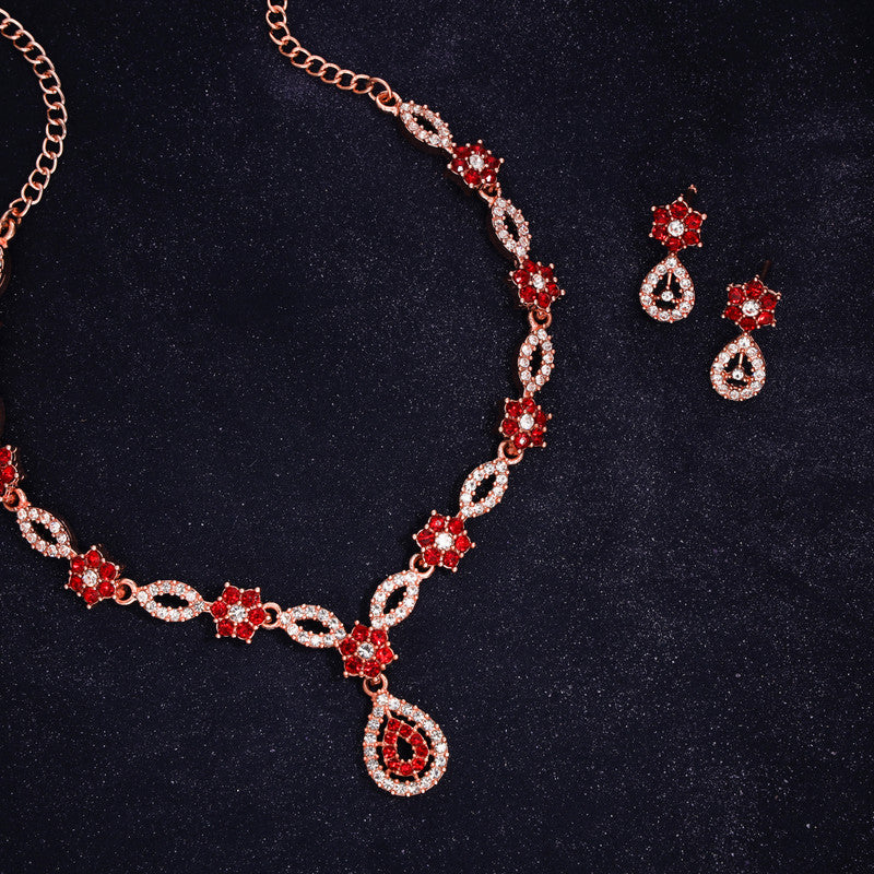 Tehzeeb Creations Elegant Red Polished American Diamond (Ad) Studded Necklace And Earring Set For Women | Grocsy