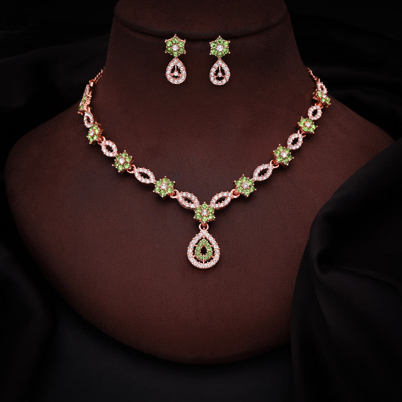 Tehzeeb Creations Elegant Sea Green Polished American Diamond (Ad) Studded Necklace And Earring Set For Women | Grocsy