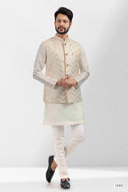 Raivat Ethnic Art Banarasi Silk Thread Work 3 Pics Jacket Set In Cream Colour | Grocsy