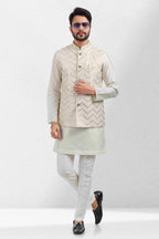 Raivat Ethnic Art Banarasi Silk Thread Work 3 Pics Jacket Set In Cream Colour | Grocsy