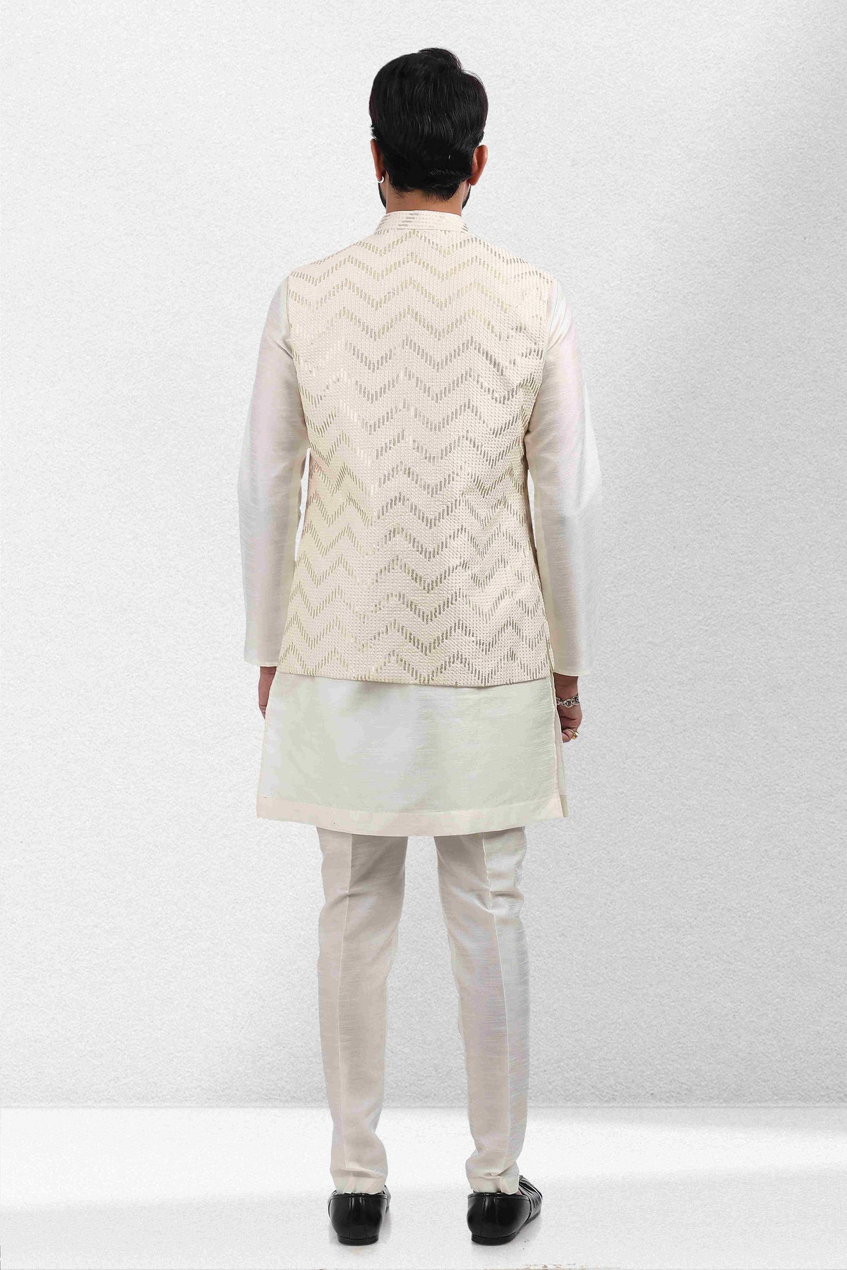 Raivat Ethnic Art Banarasi Silk Thread Work 3 Pics Jacket Set In Cream Colour | Grocsy