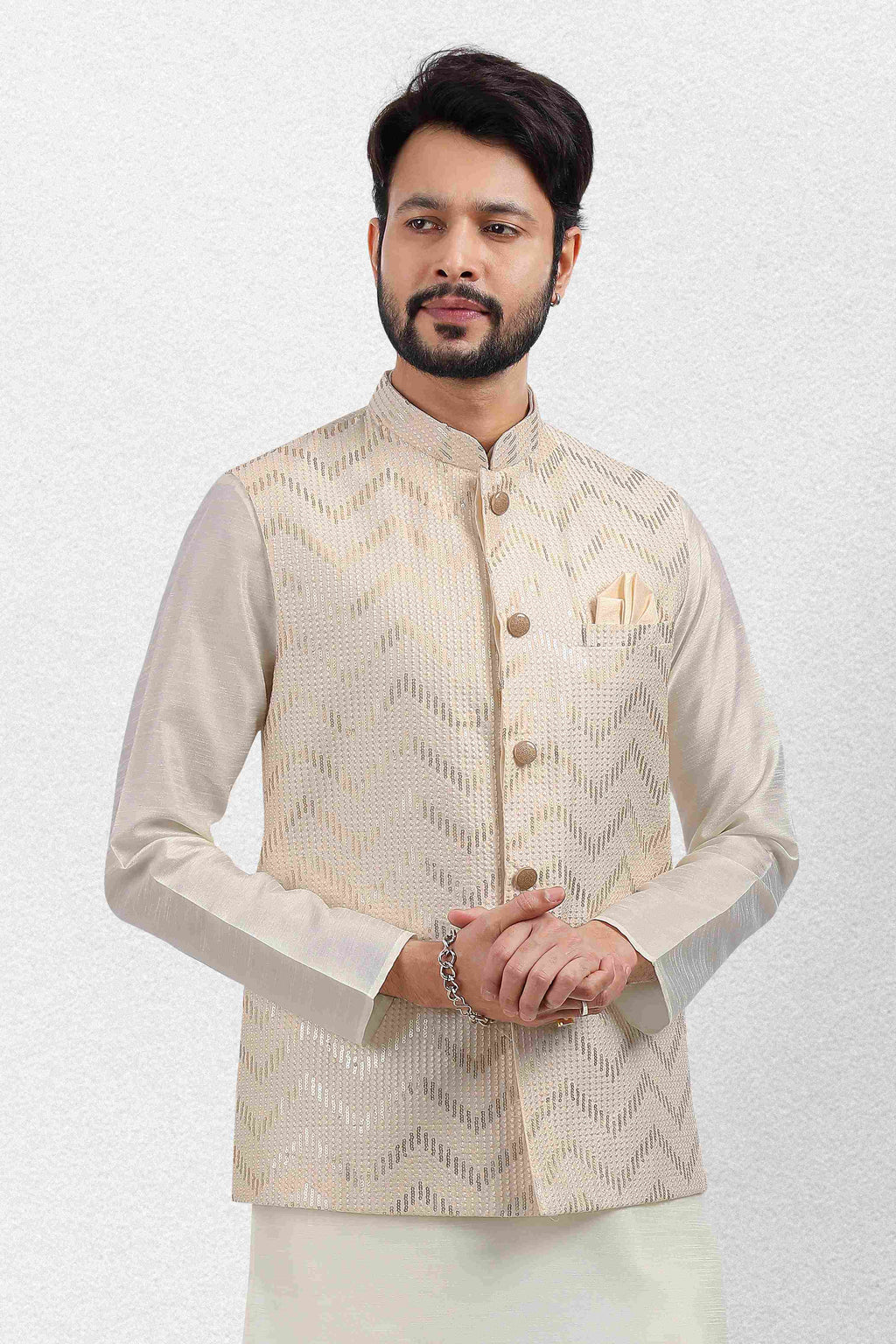 Raivat Ethnic Art Banarasi Silk Thread Work 3 Pics Jacket Set In Cream Colour | Grocsy