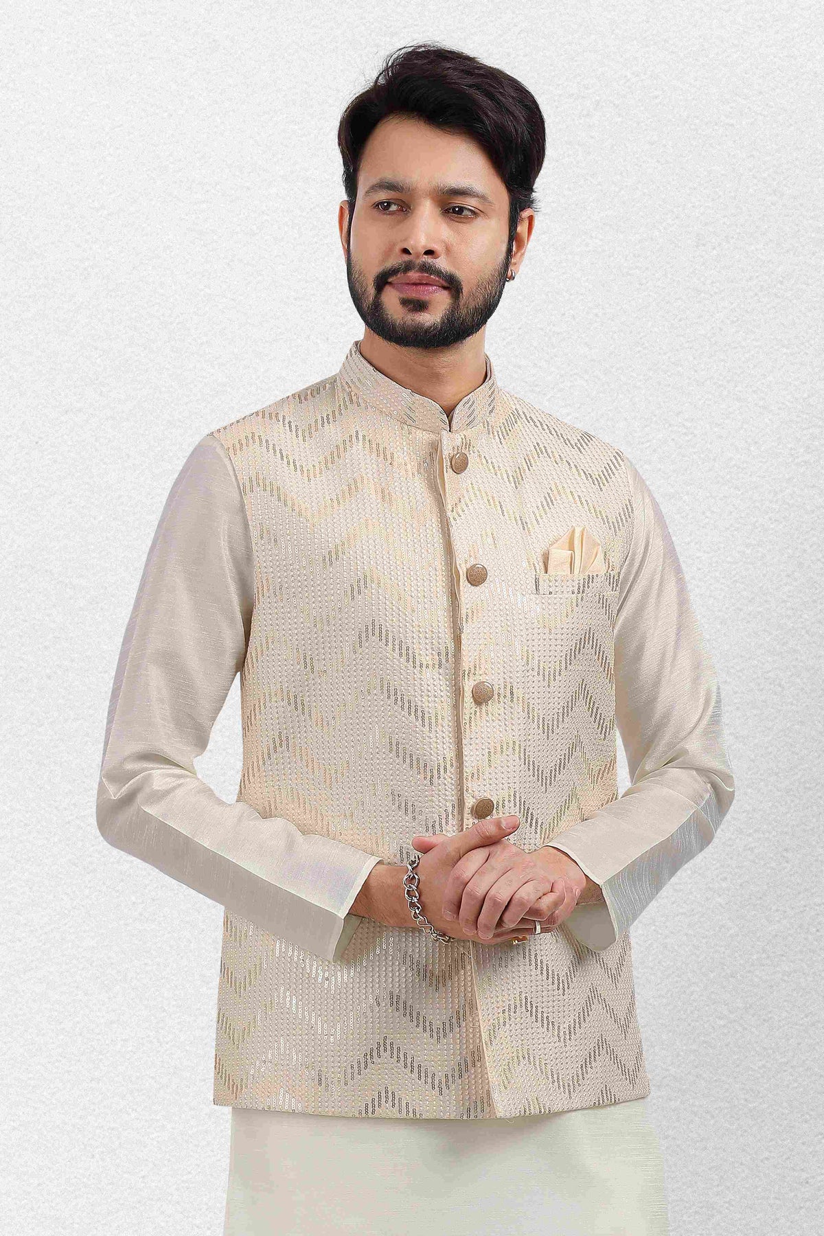 Raivat Ethnic Art Banarasi Silk Thread Work 3 Pics Jacket Set In Cream Colour | Grocsy