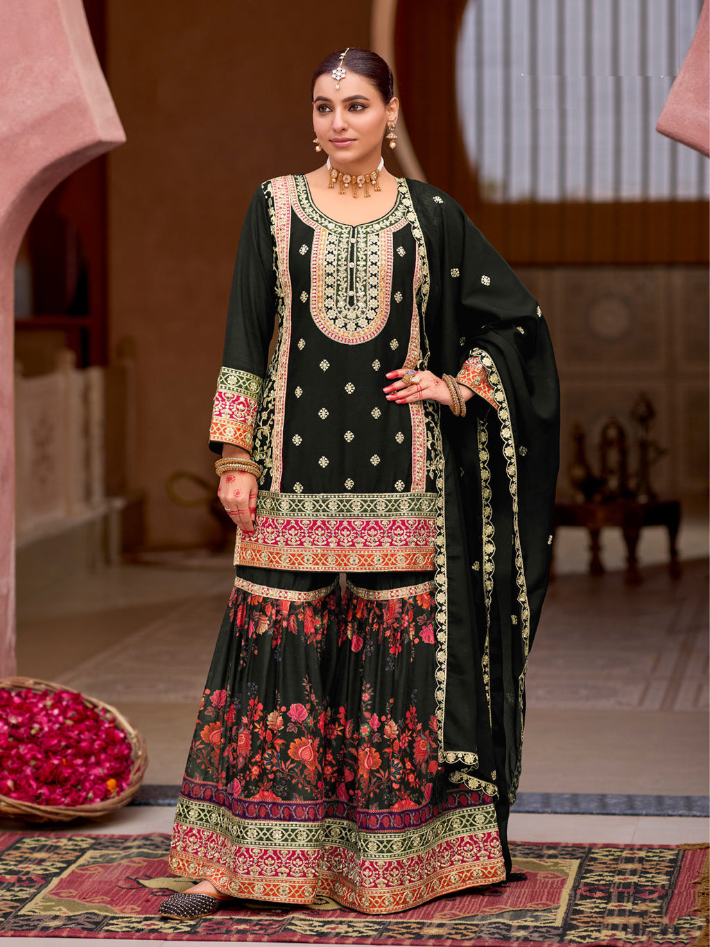 Evanik Black Chinon Silk with Codding Embroidery work with Digital Print Sharara Suit | Grocsy