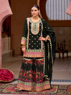 Evanik Black Chinon Silk with Codding Embroidery work with Digital Print Sharara Suit | Grocsy