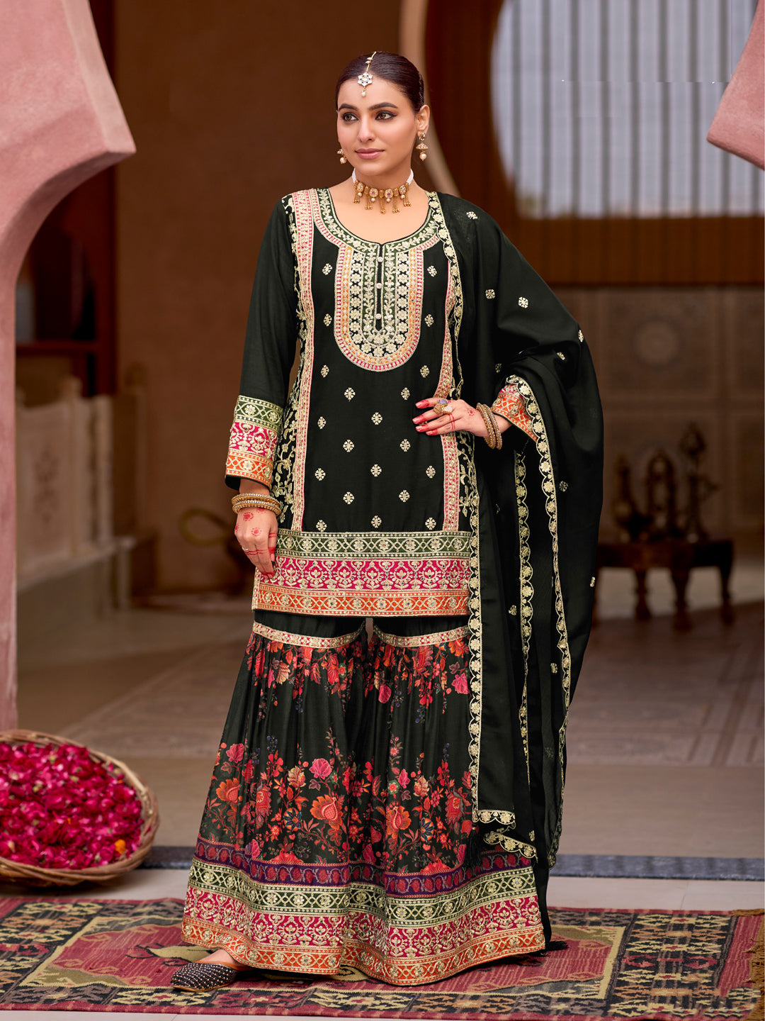 Evanik Black Chinon Silk with Codding Embroidery work with Digital Print Sharara Suit | Grocsy