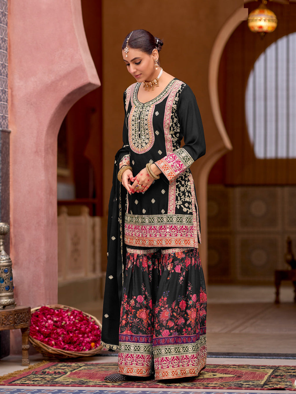 Evanik Black Chinon Silk with Codding Embroidery work with Digital Print Sharara Suit | Grocsy