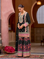 Evanik Black Chinon Silk with Codding Embroidery work with Digital Print Sharara Suit | Grocsy