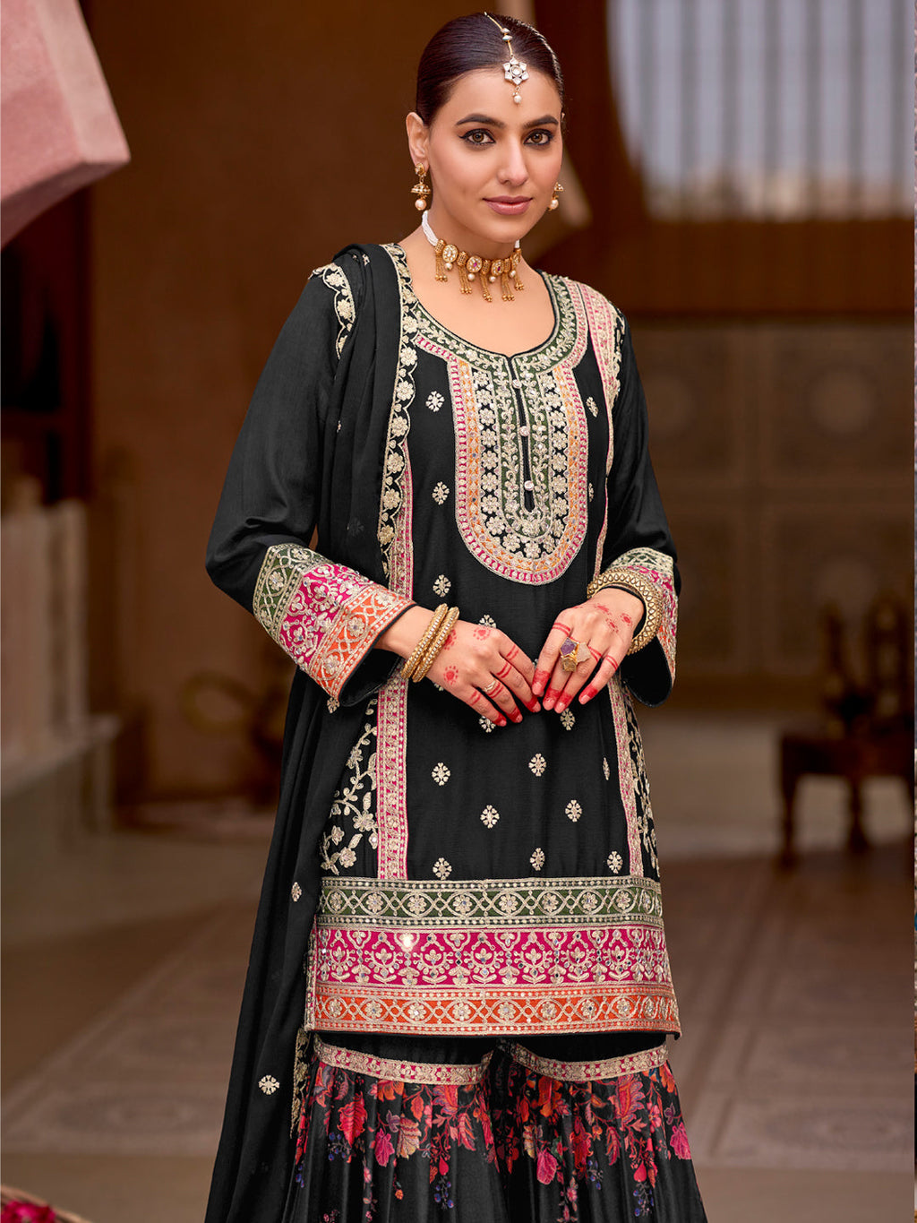 Evanik Black Chinon Silk with Codding Embroidery work with Digital Print Sharara Suit | Grocsy