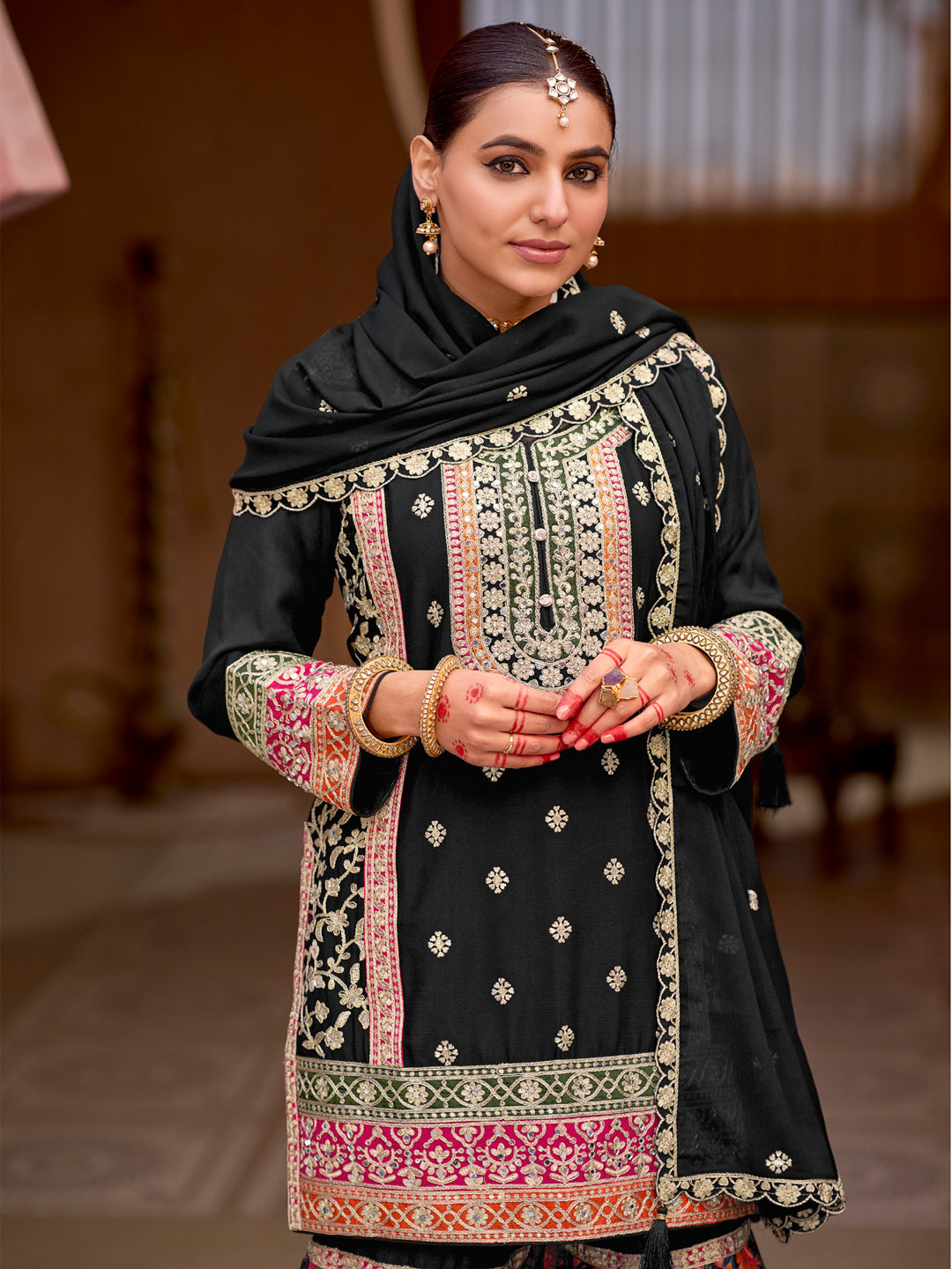 Evanik Black Chinon Silk with Codding Embroidery work with Digital Print Sharara Suit | Grocsy