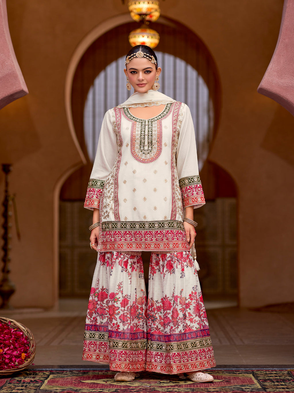 Evanik White Chinon Silk with Codding Embroidery work with Digital Print Sharara Suit | Grocsy