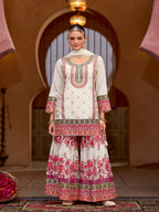 Evanik White Chinon Silk with Codding Embroidery work with Digital Print Sharara Suit | Grocsy
