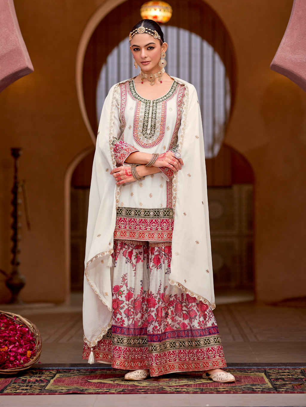 Evanik White Chinon Silk with Codding Embroidery work with Digital Print Sharara Suit | Grocsy