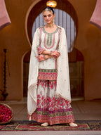Evanik White Chinon Silk with Codding Embroidery work with Digital Print Sharara Suit | Grocsy