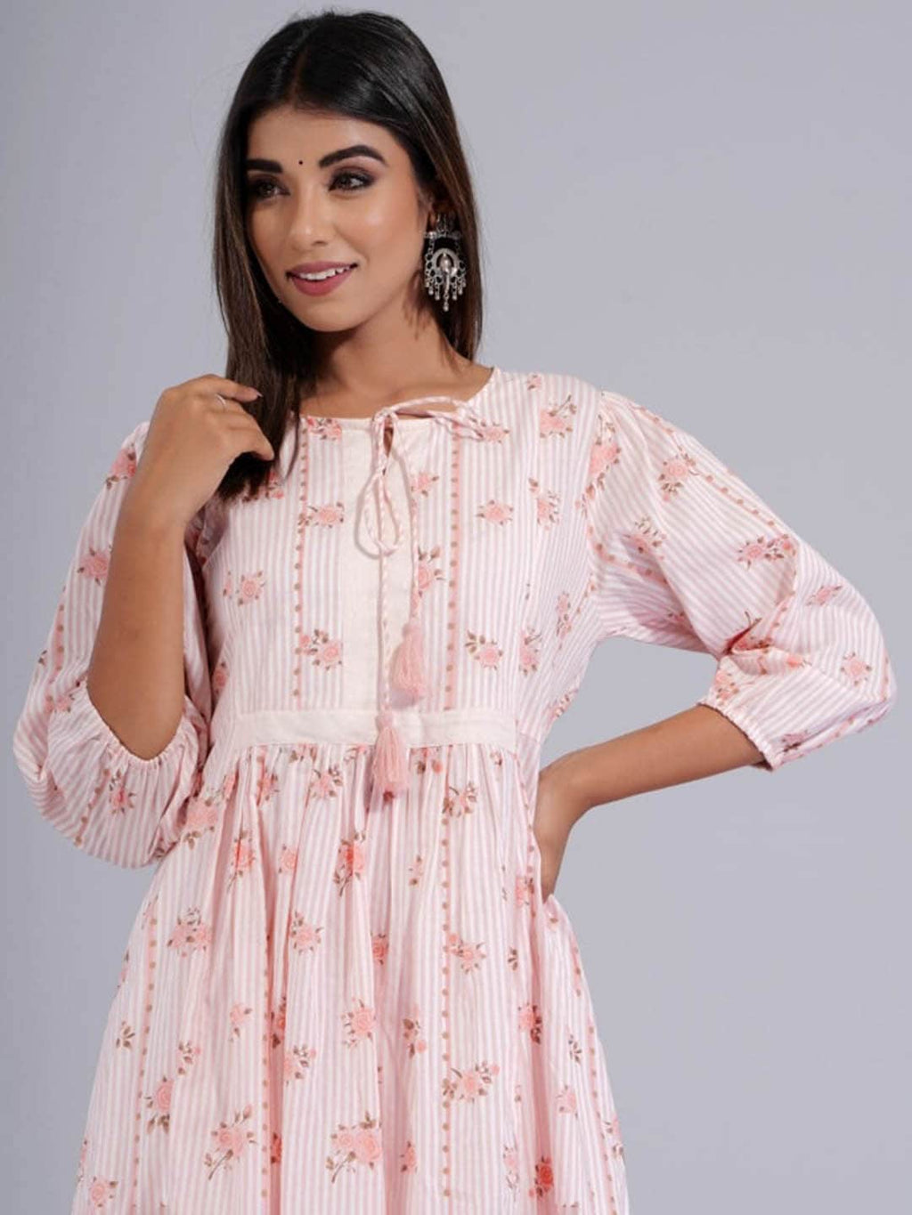 HERE&NOW Peach & White Floral Printed Tie-Up Neck Cotton A-Line Kurta | Grocsy
