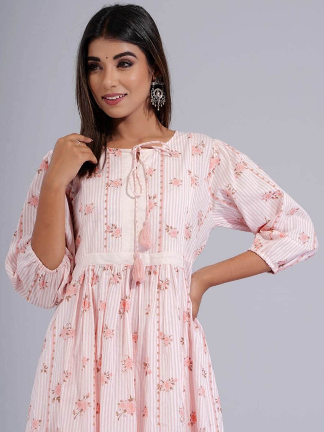 HERE&NOW Peach & White Floral Printed Tie-Up Neck Cotton A-Line Kurta | Grocsy
