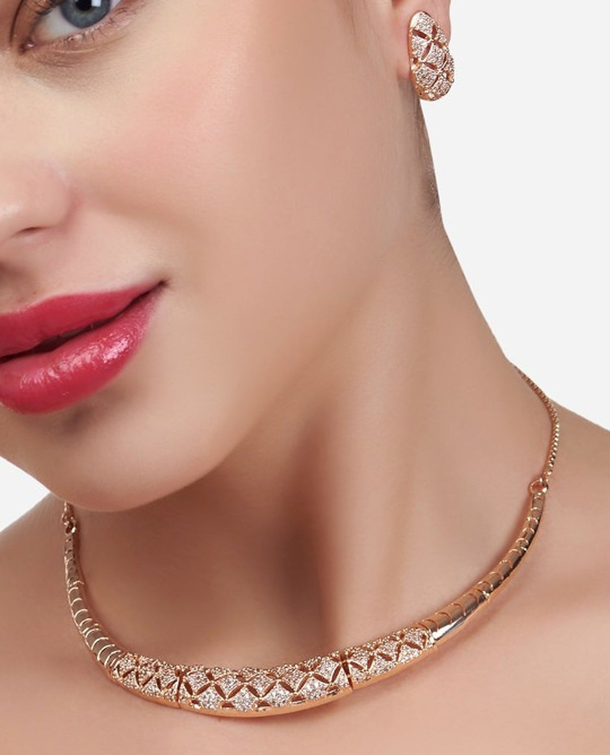 Jewel City Rose-Gold Plated White CZ-Studded Jewellery Set | Grocsy