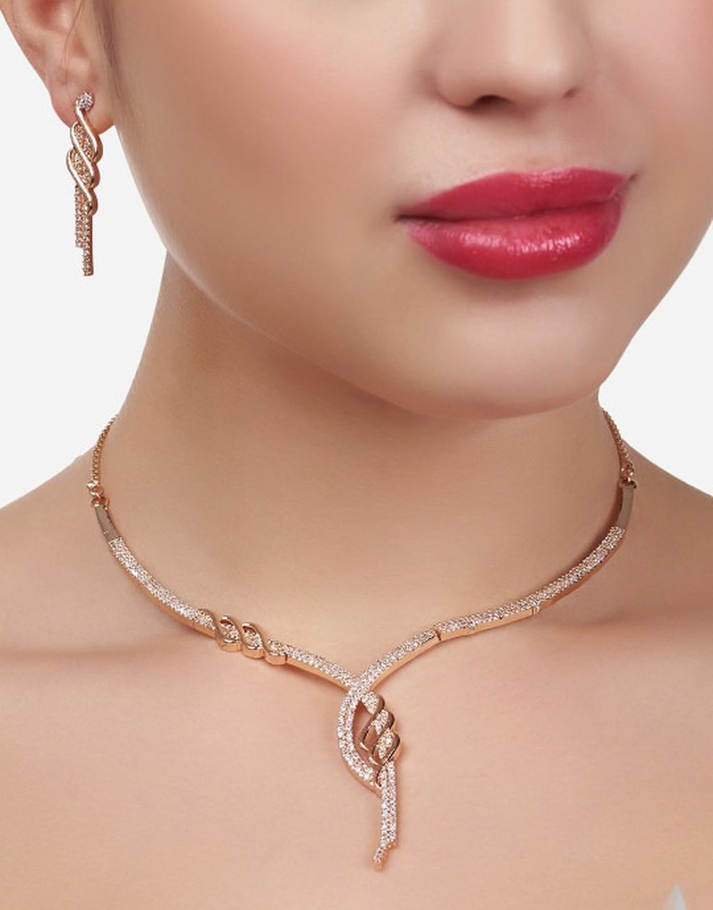 Jewel City Rose-Gold Plated White CZ-Studded Jewellery Set | Grocsy