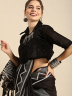 Sangria Black Printed Pure Linen Saree | Grocsy