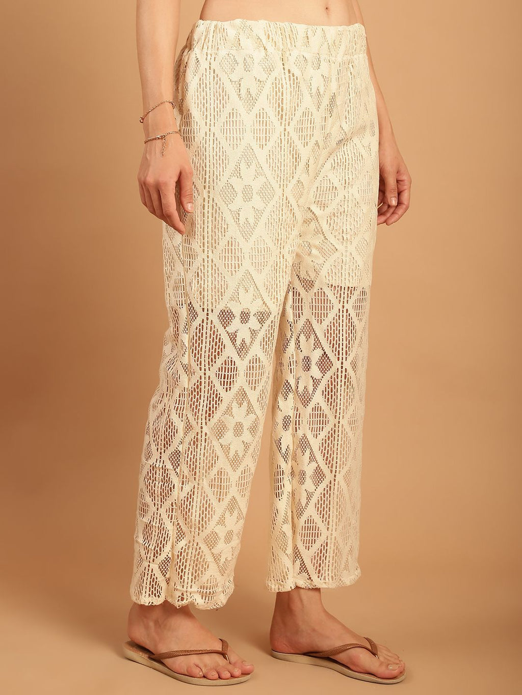 TAG 7 Women Geometric Self Design Sheer With Half Lining Crochet Wide Leg Palazzos | Grocsy