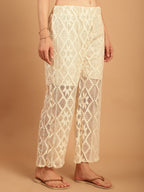 TAG 7 Women Geometric Self Design Sheer With Half Lining Crochet Wide Leg Palazzos | Grocsy