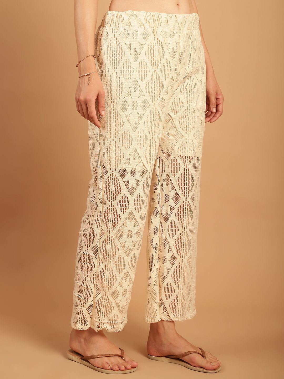 TAG 7 Women Geometric Self Design Sheer With Half Lining Crochet Wide Leg Palazzos | Grocsy