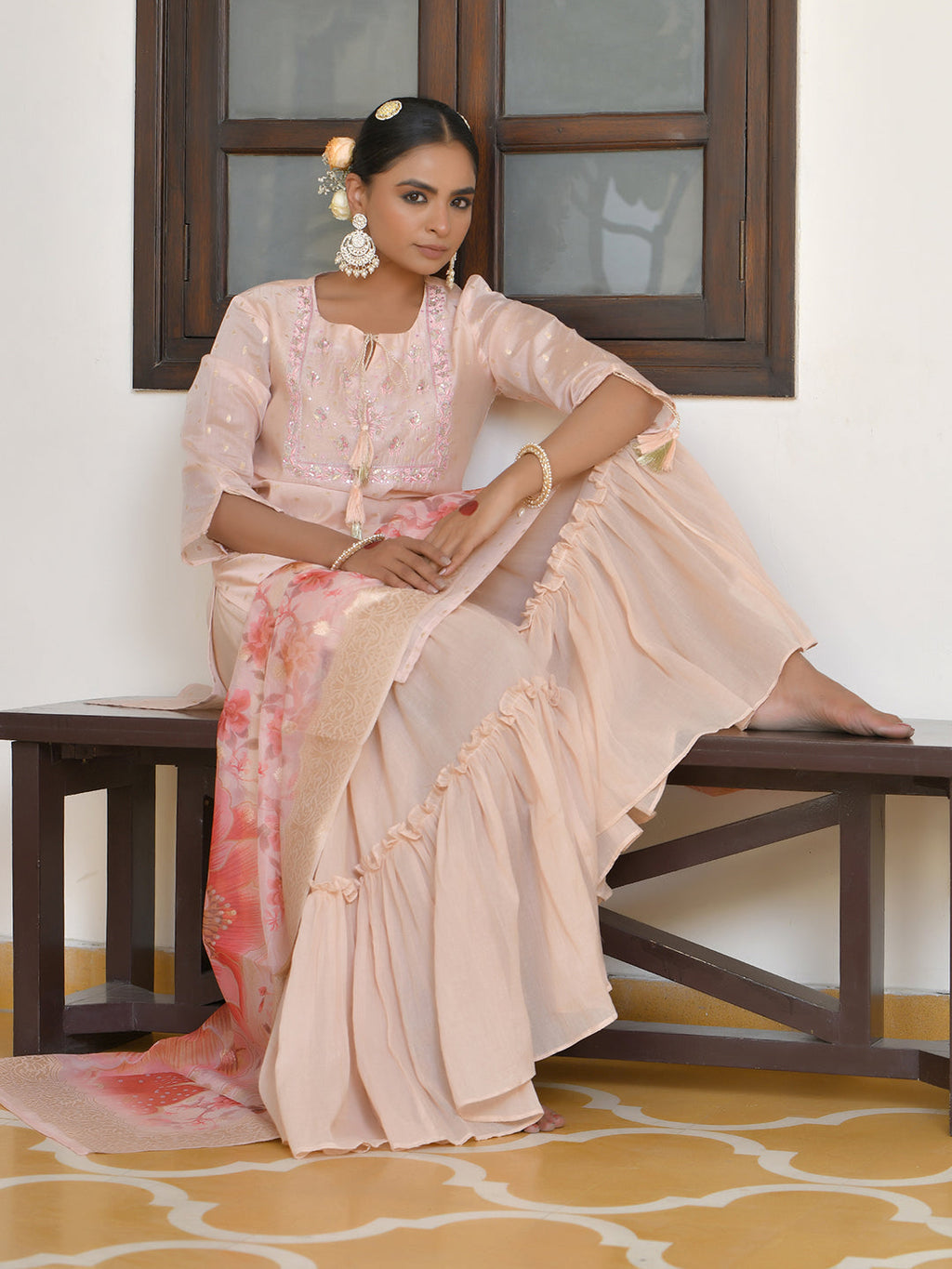Vaasva Women's Apricot Chanderi Sharara Set | Grocsy