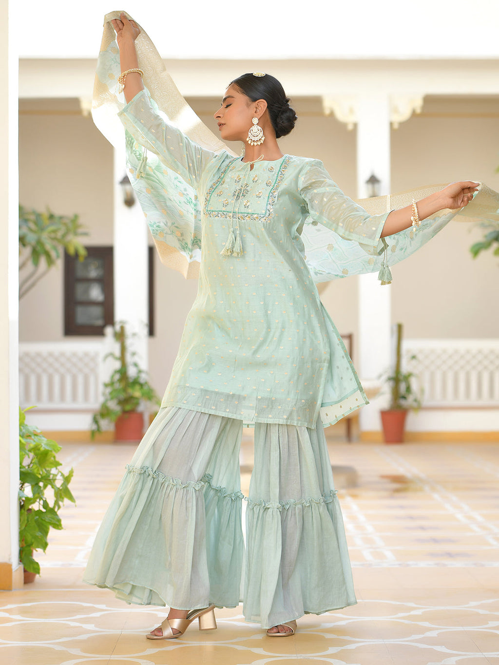 Vaasva Women's Aqua Marine Chanderi Sharara Set | Grocsy