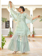 Vaasva Women's Aqua Marine Chanderi Sharara Set | Grocsy