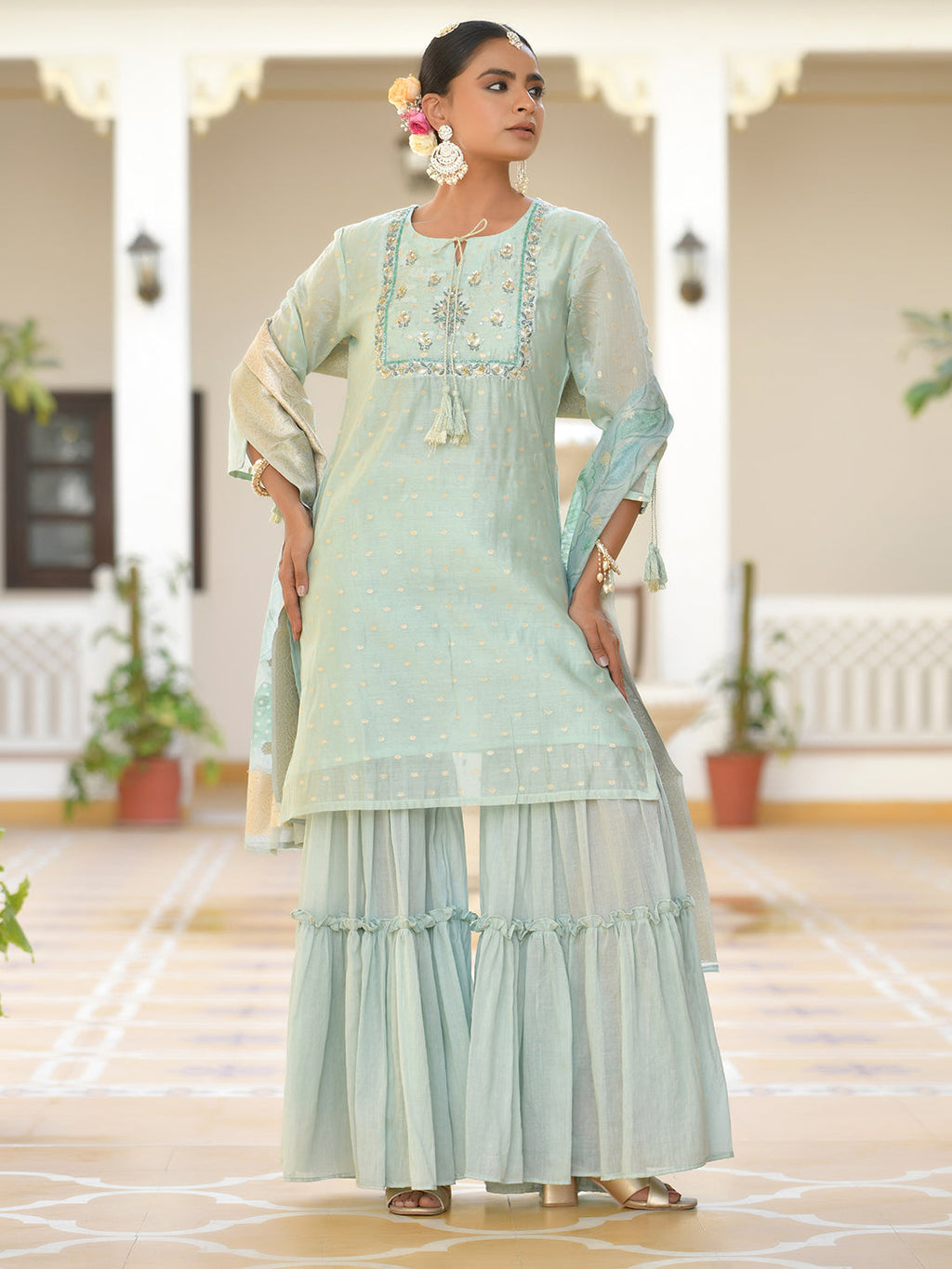 Vaasva Women's Aqua Marine Chanderi Sharara Set | Grocsy