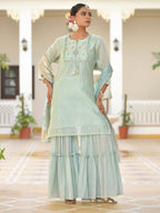 Vaasva Women's Aqua Marine Chanderi Sharara Set | Grocsy