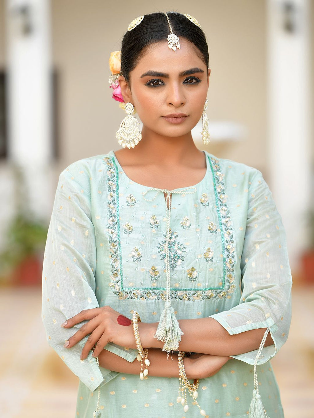Vaasva Women's Aqua Marine Chanderi Sharara Set | Grocsy