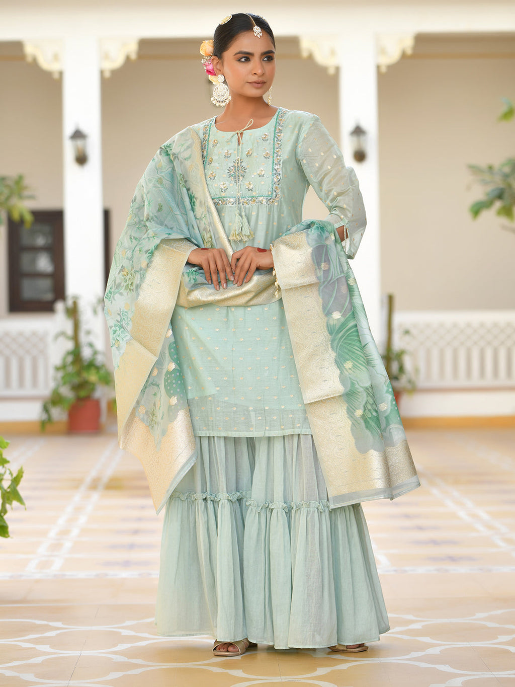 Vaasva Women's Aqua Marine Chanderi Sharara Set | Grocsy
