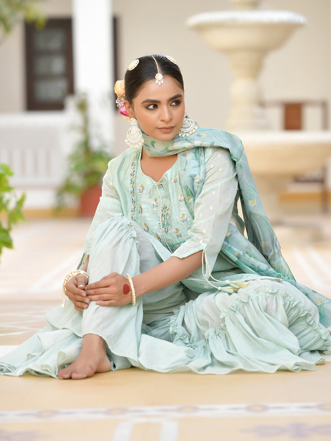 Vaasva Women's Aqua Marine Chanderi Sharara Set | Grocsy