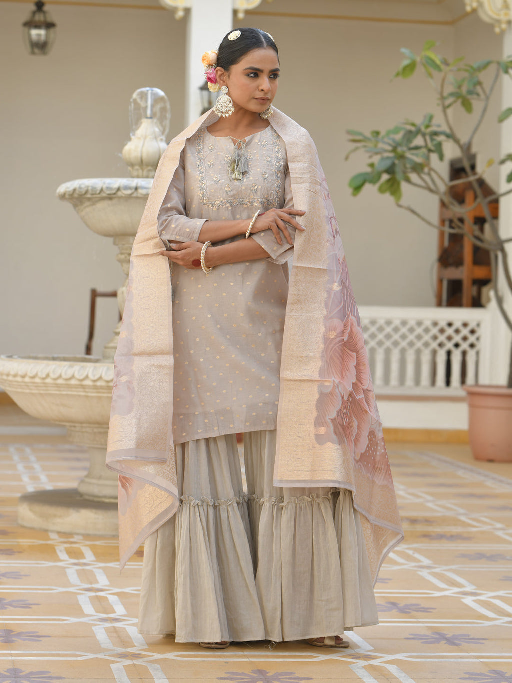 Vaasva Women's Khakhee Chanderi Sharara Set | Grocsy