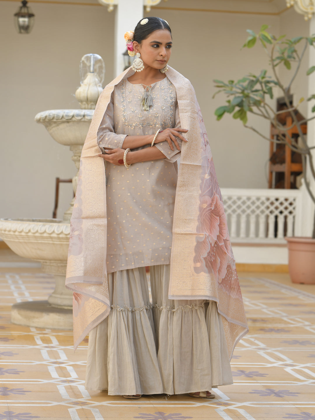 Vaasva Women's Khakhee Chanderi Sharara Set | Grocsy