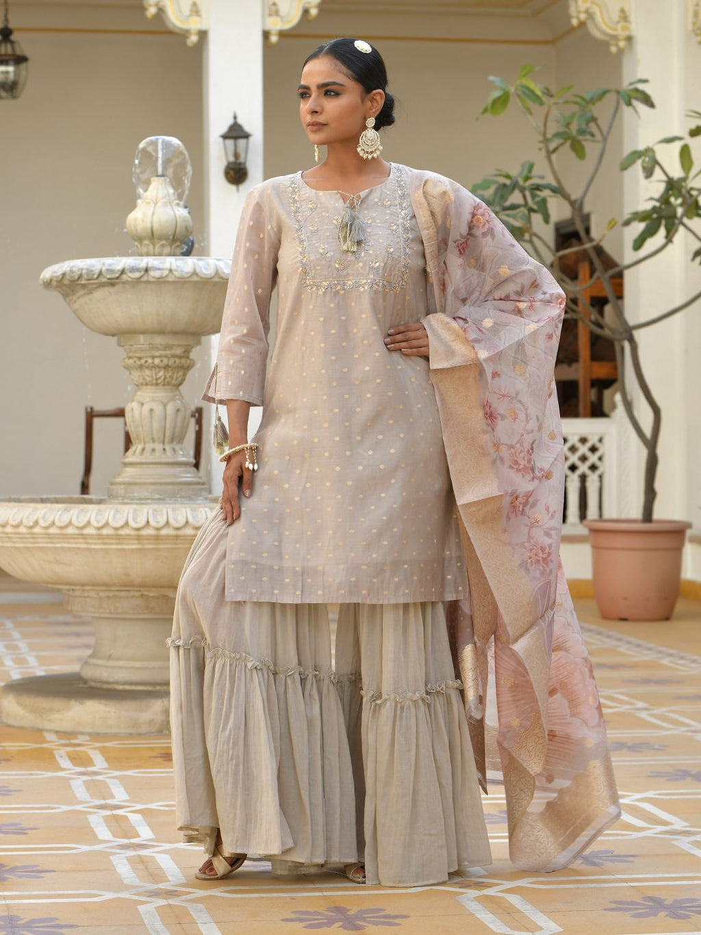 Vaasva Women's Khakhee Chanderi Sharara Set | Grocsy