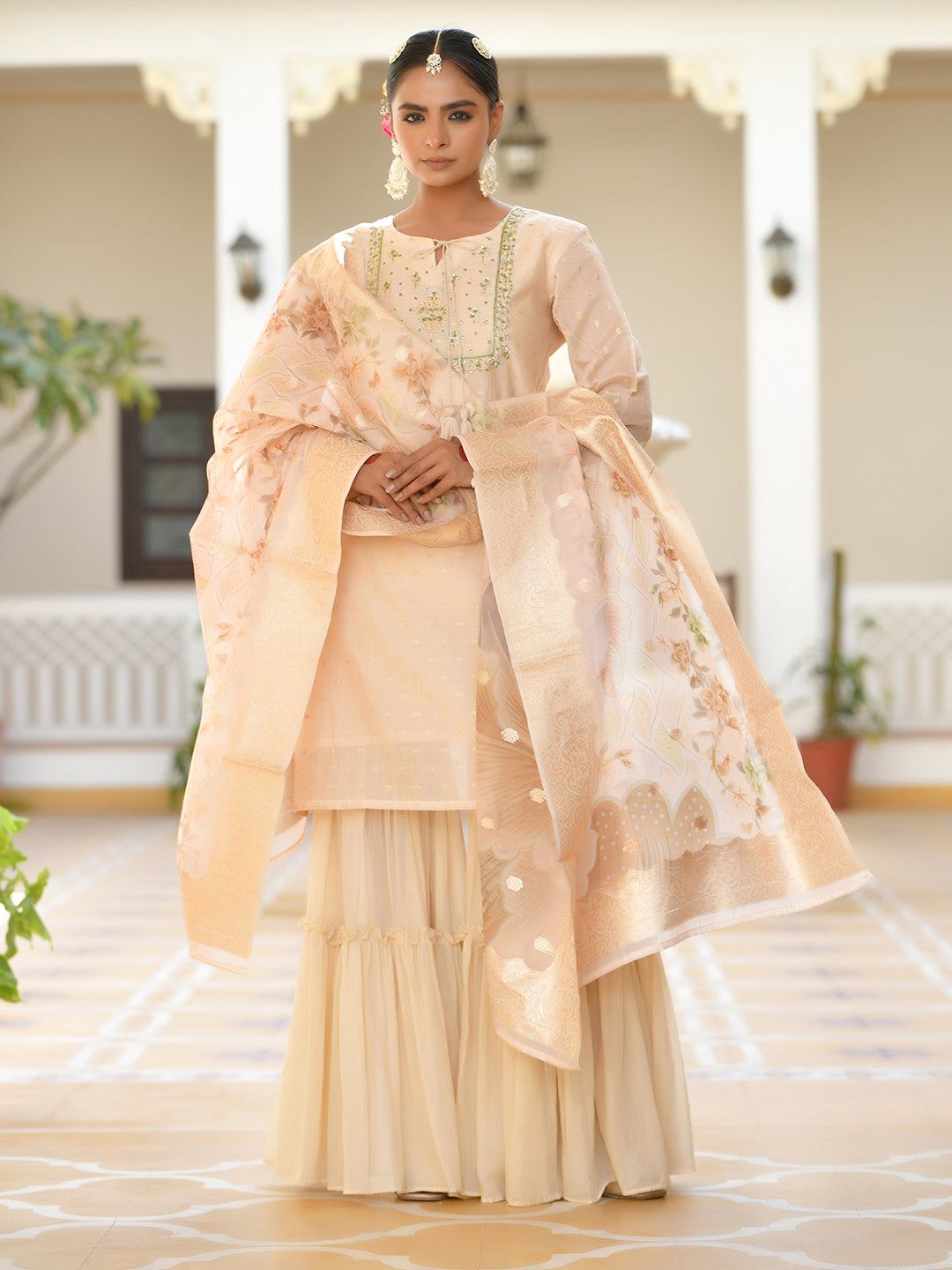 Vaasva Women's Peach Chanderi Sharara Set | Grocsy