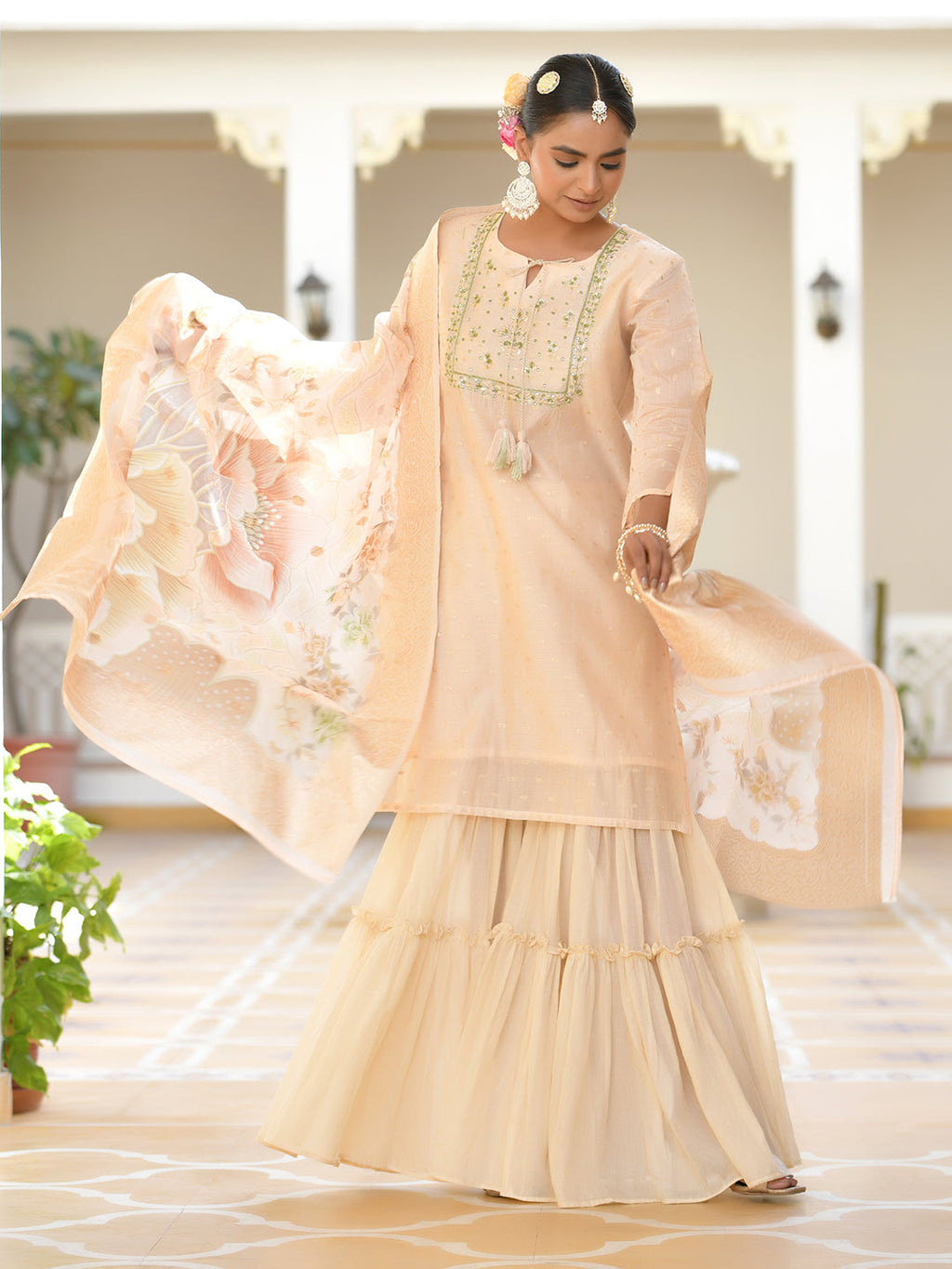 Vaasva Women's Peach Chanderi Sharara Set | Grocsy