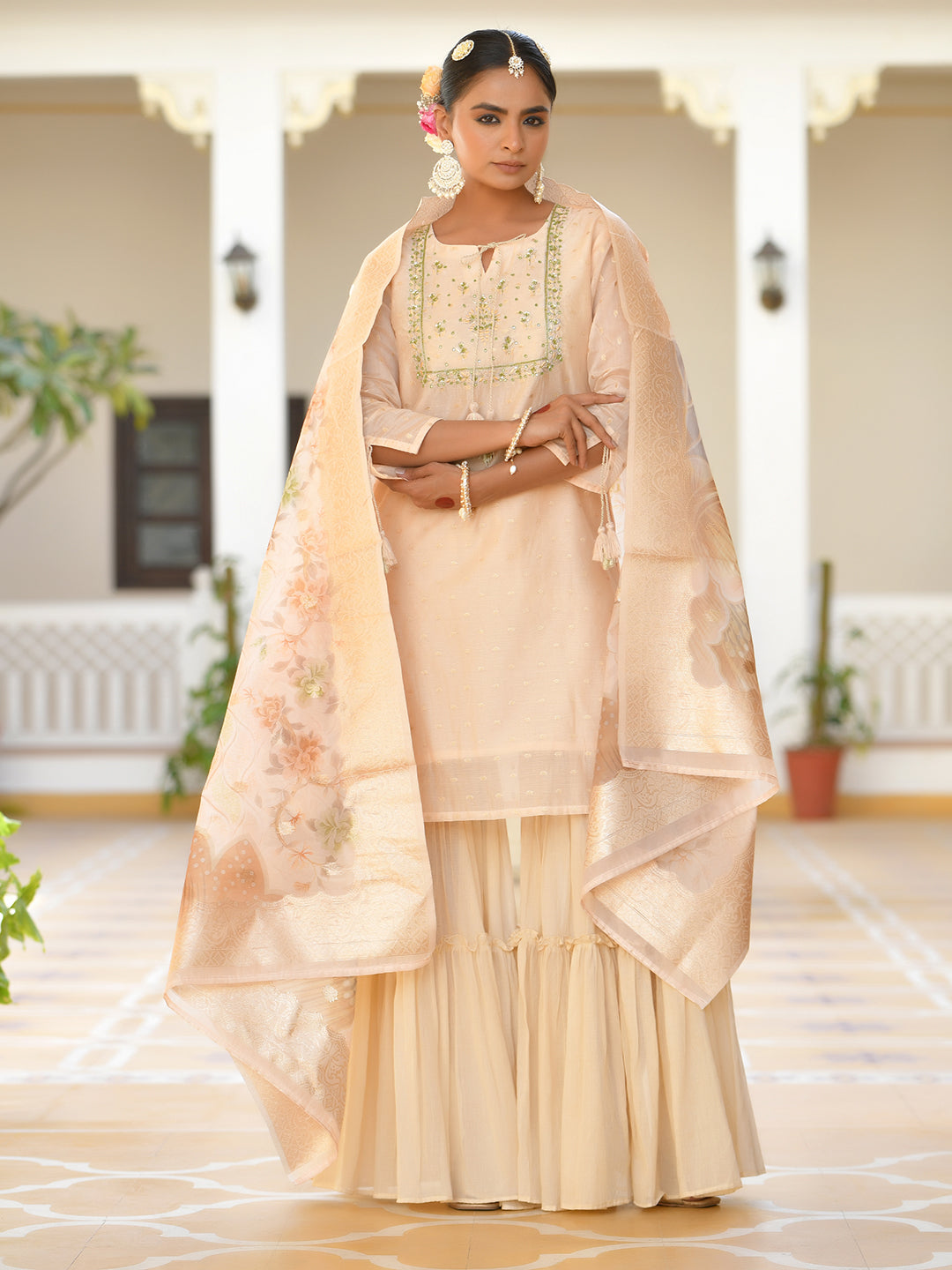 Vaasva Women's Peach Chanderi Sharara Set | Grocsy