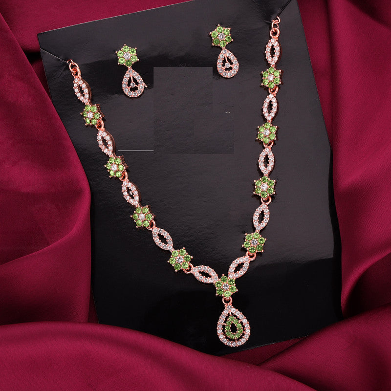Tehzeeb Creations Elegant Sea Green Polished American Diamond (Ad) Studded Necklace And Earring Set For Women | Grocsy