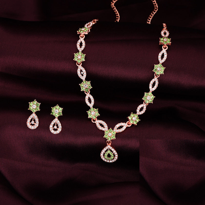 Tehzeeb Creations Elegant Sea Green Polished American Diamond (Ad) Studded Necklace And Earring Set For Women | Grocsy