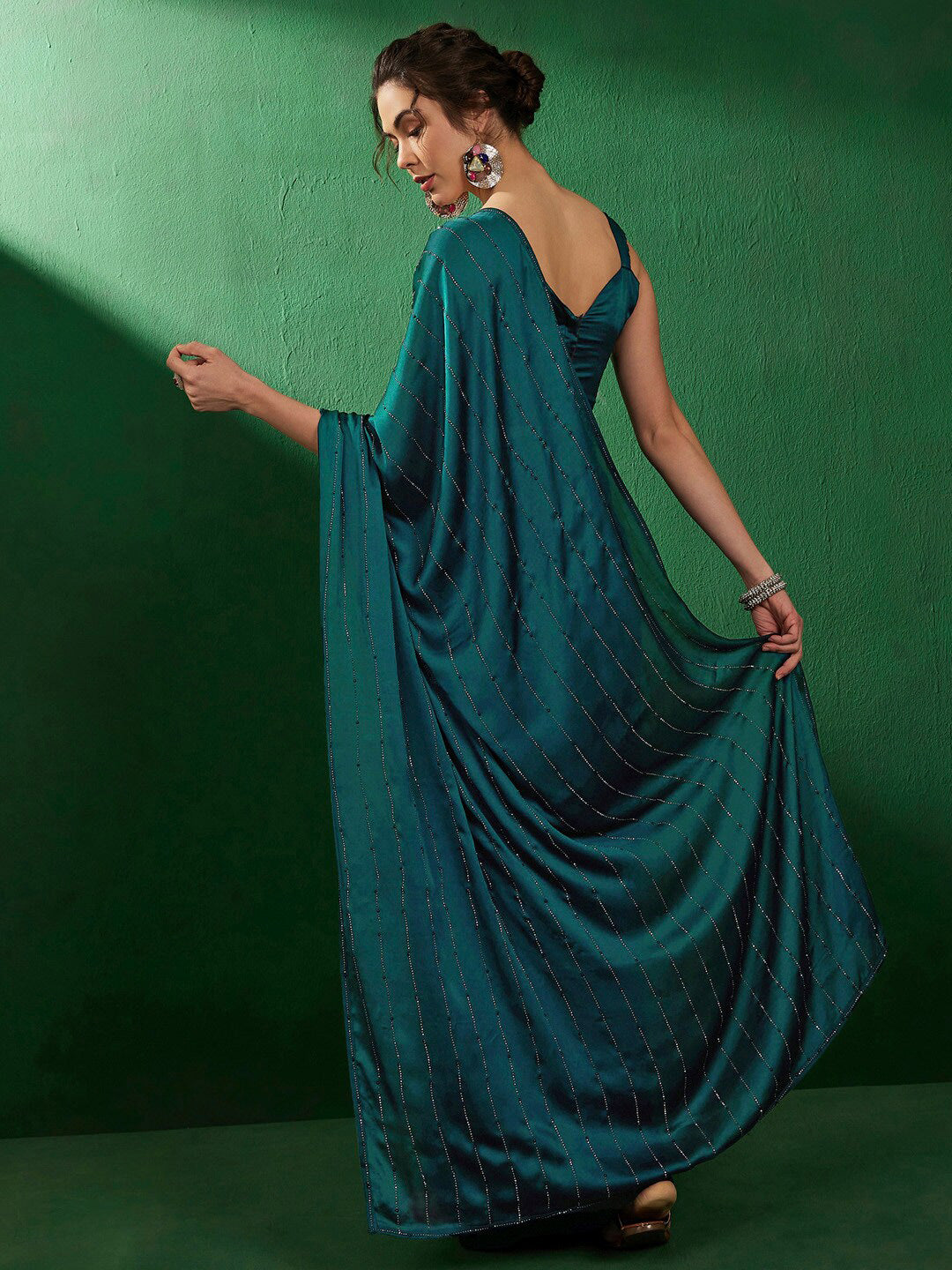 Sangria Striped Embellished Satin Beads and Stones Saree | Grocsy