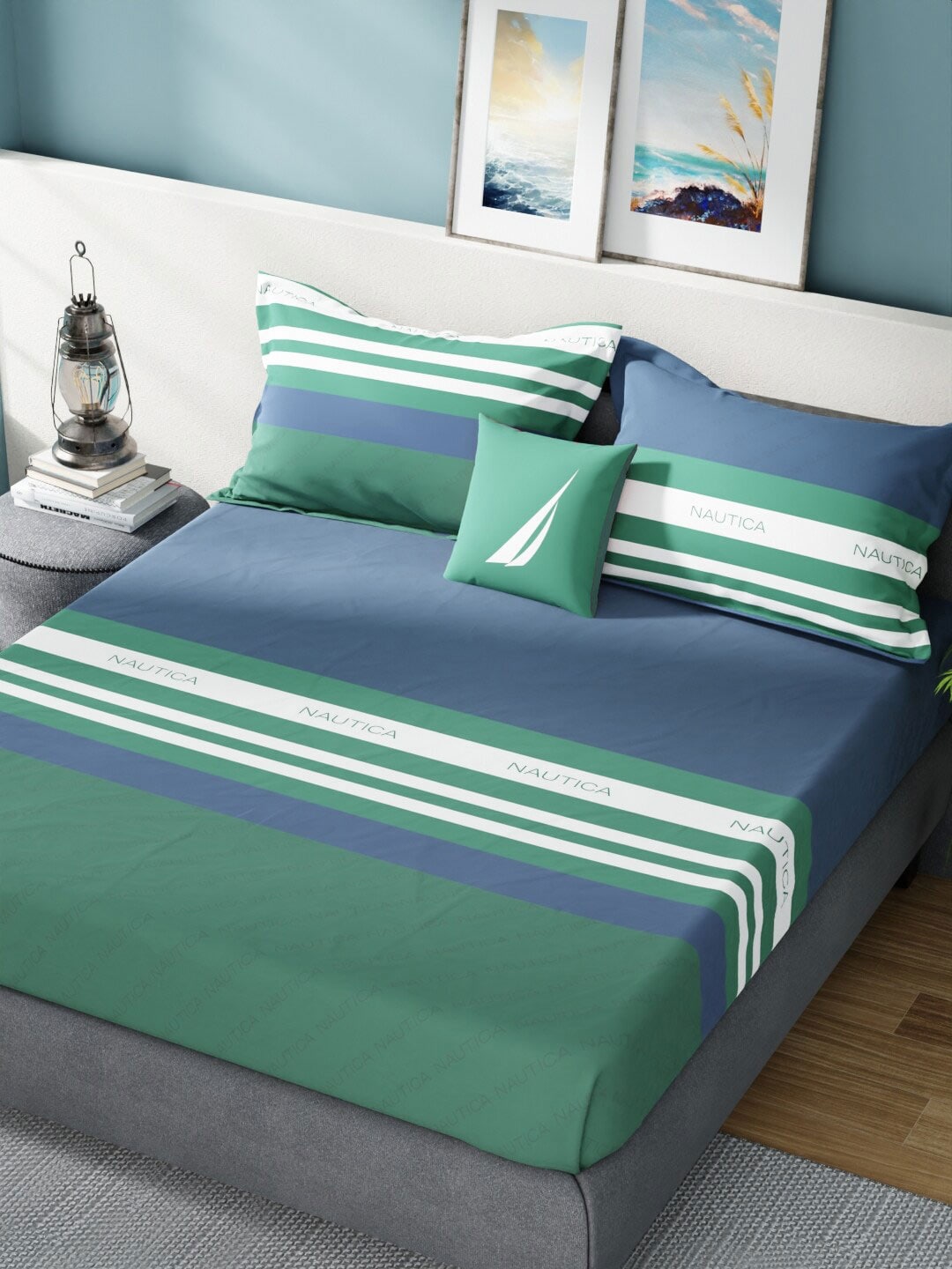 Nautica Bradford Blue & Green Striped 160 TC Pure Cotton King Bedsheet & 2 Pillow Covers | Grocsy